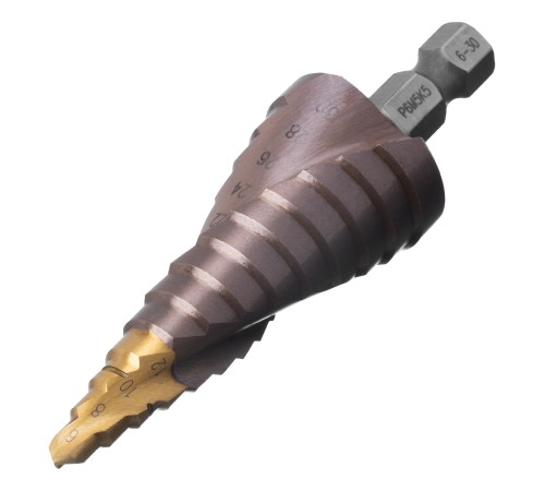 Сверло ступенчатое, 6-8-10-12-14-16-18-20-22-24-26-28-30мм, Р6М5К5, 6-гр. хвостовик Denzel