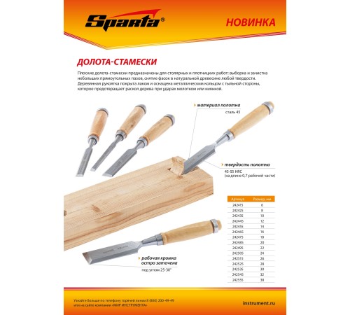 Долото-стамеска 14 мм, деревянная рукоятка// Sparta