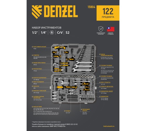 Набор инструментов, 1/2", 1/4", CrV, S2, пластиковый кейс, 122 предмета Denzel