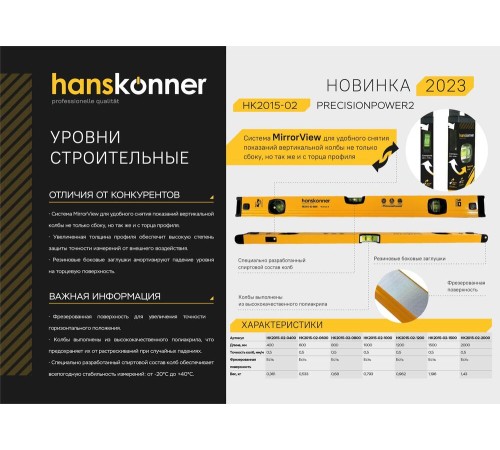 Уровень 1000 мм, фрезеров., 3 глазка (1 зеркальн.), точн. 0.5мм/м, Hanskonner Уровень 1000 мм, фрезеров., 3 глазка (1 зеркальн.), точн. 0.5мм/м, Hanskonner