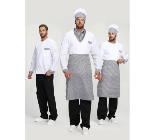 Костюм повара Шеф-2 (тк.ТиСи), белый/черный/принт-клетка