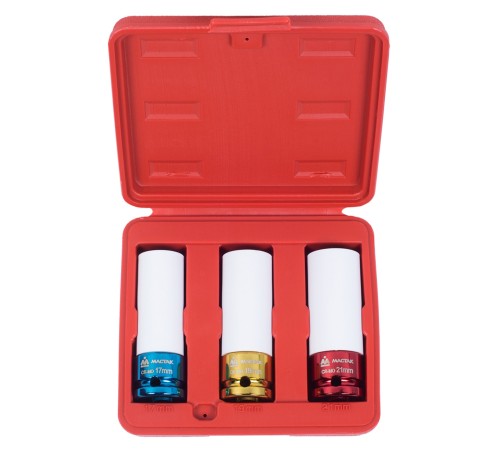 Набор ударных глубоких шестигранных головок 1/2", 17, 19, 21 мм, пластиковое покрытие, кейс,  МАСТАК 006-43C