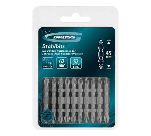 Бита двухстор., PH2-PZ2х45мм, сталь S2, 10шт. Gross