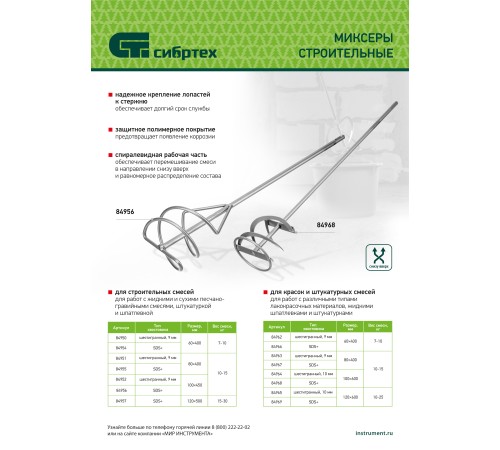 Миксер для строительных смесей, 60х9х400мм, шестигранный хвостовик Сибртех