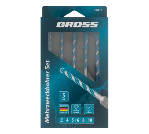 Набор сверл универсальных, Multipurpose PRO, 6-гр. хвостовик, 4-10мм, 5шт Gross