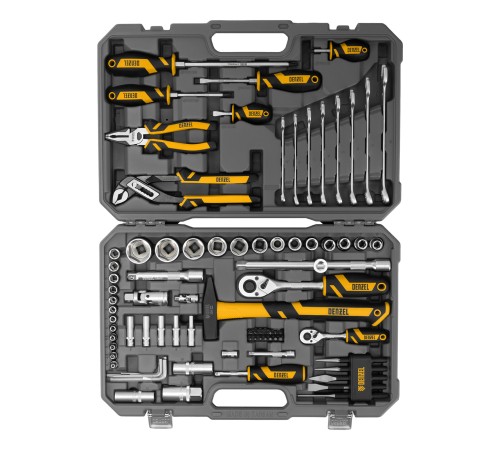 Набор инструментов, 1/2", 1/4", CrV, S2, пластиковый кейс, 84 предмета Denzel