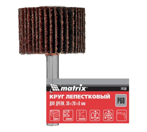 Круг лепестковый для дрели, 30 х 20 х 6 мм, P 60 Matrix Круг лепестковый для дрели, 30 х 20 х 6 мм, P 60 Matrix