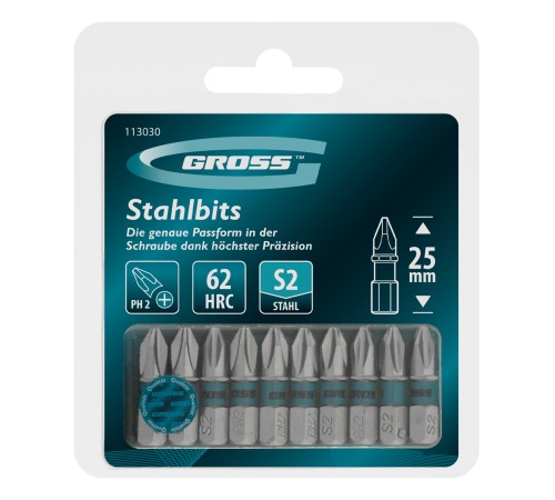 Бита PH2х25мм, сталь S2, шестигр., 10 шт. Gross