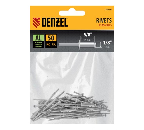Заклепки алюминиевые, 1/8"-5/8", 3 х 15 мм, 50 шт Denzel