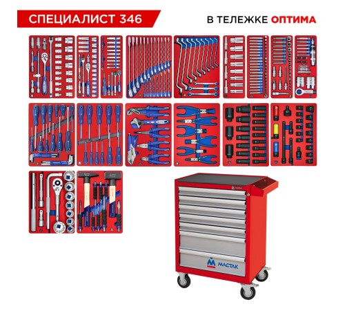 Набор инструментов 346 предметов, "СПЕЦИАЛИСТ 346", в красной тележке МАСТАК 52-07346R