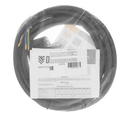 Шнур сетевой Energy Series, ПВС, 3 м, 3 x 1,5 мм, с неразборной вилкой, черный, Denzel