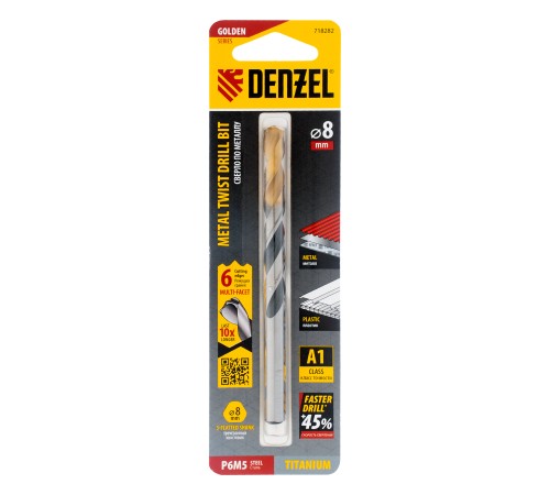 Сверло спиральное по металлу 8 x 117мм, Р6М5, Golden Tip, многогранная заточка Denzel