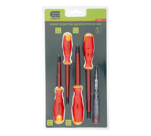Набор отверток диэлектрических до 1000 В, 5 шт, тестер, CrV, двухкомпонентные рукоятки Сибртех