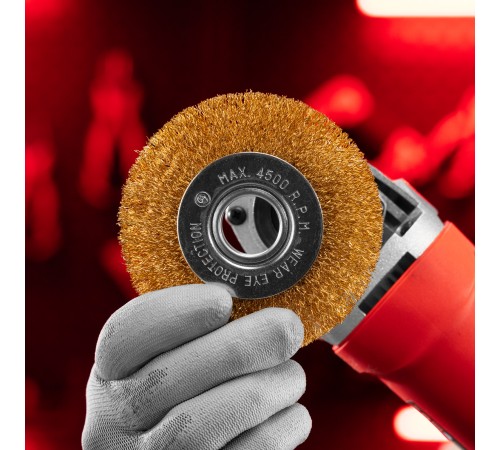 Щетка для УШМ, 100 мм, посадка 22.2 мм, плоская, латунированная витая проволока Matrix