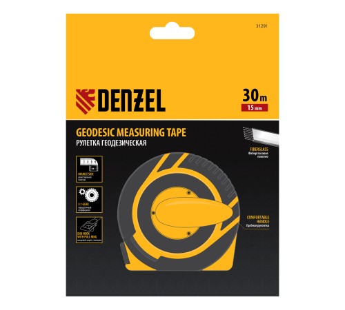 Рулетка геодезическая 30 м х 15 мм, закрытый корпус, фиберглассовая лента Denzel Рулетка геодезическая 30 м х 15 мм, закрытый корпус, фиберглассовая лента Denzel