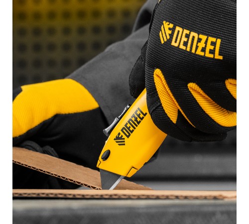 Нож, 19мм, сменное трапециевидное  лезвие, SK4, алюминиевый корпус, торцевой зажим Denzel