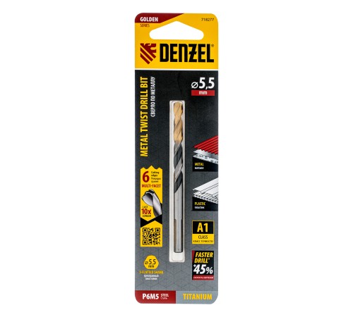 Сверло спиральное по металлу 5,5 x 93мм, Р6М5, Golden Tip, многогранная заточка Denzel