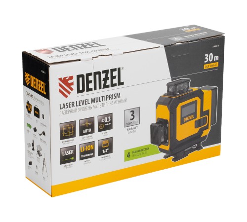Лазерный уровень мультипризменный DLV 360-4T, 30 м, зеленый луч, Li-Ion 2,4 Aч, штатив Denzel