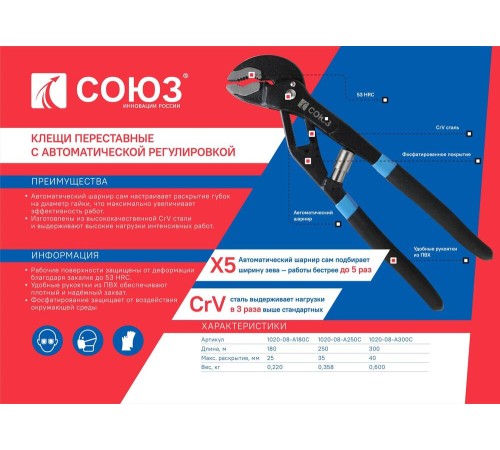 Клещи переставные, 300мм, зев 40мм, автоматический шарнир, ПВХ рукоятки, СОЮЗ