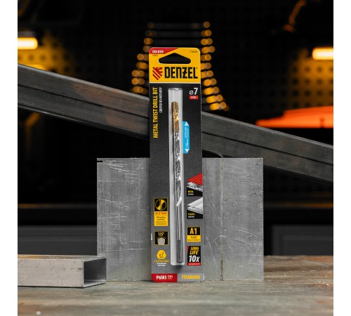 Сверло спиральное по металлу 7,0 х 156 мм, Р6М5, Golden Tip, удлиненное Denzel