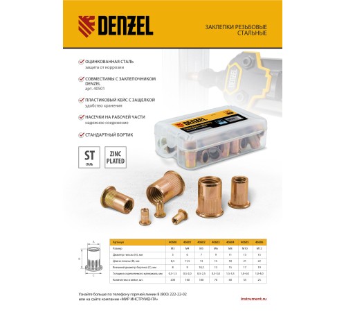 Заклепки резьбовые, стальные, оцинкованные, М10, пластиковый кейс, 35 шт. Denzel