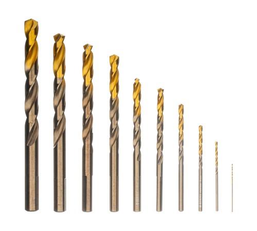 Набор сверл по металлу, 1-10 мм, Р6М5К8-TiN, Golden Tip, 10 шт Denzel