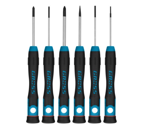 Набор отверток для точной механики, CrMo, двухкомпонентные рукоятки, 6 шт, пластиковый бокс Gross