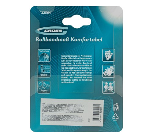 Рулетка Komfortabel 10 м х 25 мм,обрезиненный корпус Gross Рулетка Komfortabel 10 м х 25 мм,обрезиненный корпус Gross