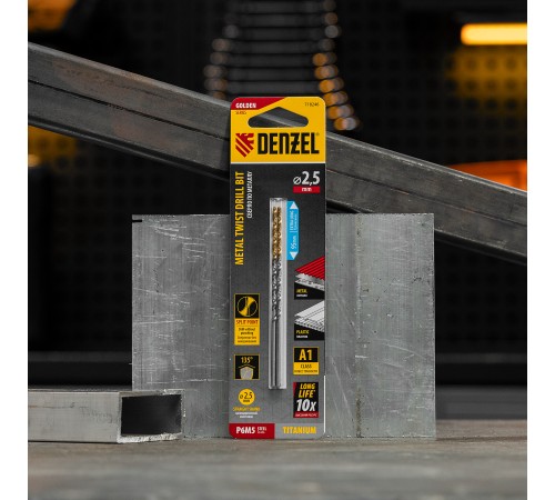 Сверло спиральное по металлу 2,5 х 95 мм Р6М5, Golden Tip, удлиненное, 2шт. Denzel