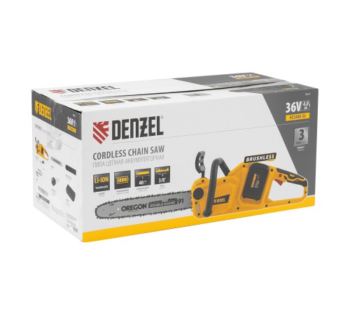 Цепная пила аккумуляторная бесщеточная RCS400-36, Li-ion, 36 В, 4 Ач, шина 400 мм Denzel