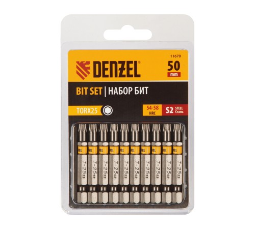Бита TX 25х50, сталь S2, шестигранный профиль, 10 шт. Е 6,3 Denzel Бита TX 25х50, сталь S2, шестигранный профиль, 10 шт. Е 6,3 Denzel