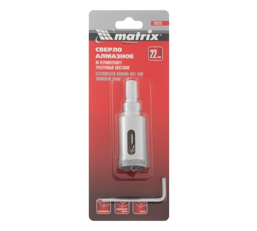 Сверло алмазное по керамограниту, 22 х 67 мм, трехгранный хвостовик Matrix