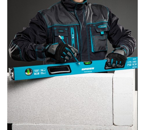 Уровень алюминиевый, 800 мм, усиленный с ударопрочными заглушками, рукоятки, 3 глазка Gross