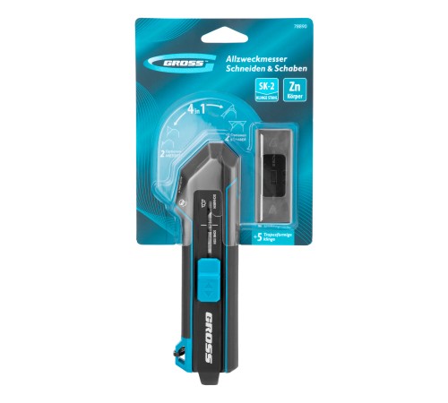 Нож-скребок выдвижной, 19мм, сменное лезвие, SK2, 5 запас. лезвий, алюмин. корпус GROSS