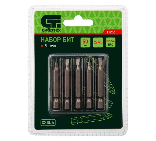 Набор бит SL4 x 50, сталь CrMo, 5 шт. Сибртех