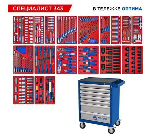 Набор инструментов 343 предмета, "СПЕЦИАЛИСТ 343", в синей тележке МАСТАК 52-07343B