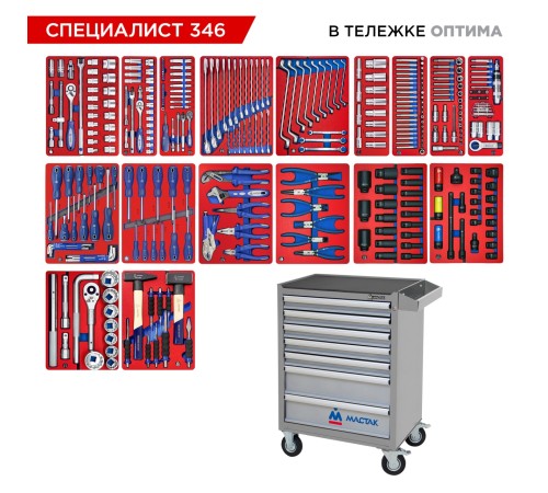Набор инструментов 346 предметов, "СПЕЦИАЛИСТ 346", в серой тележке МАСТАК 52-07346G