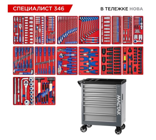 Набор инструментов 346 предметов, "СПЕЦИАЛИСТ 346", в серой тележке МАСТАК 50-07346G