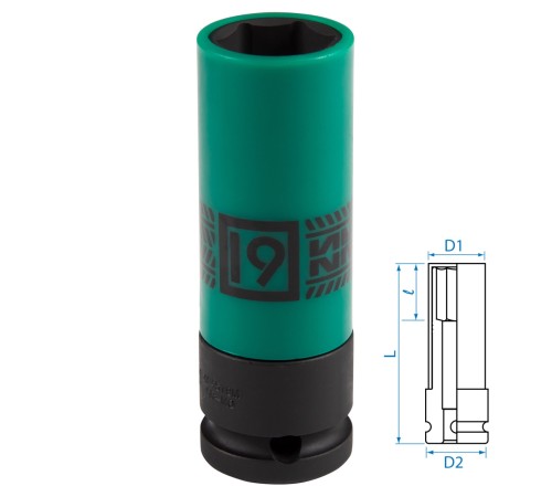 Головка торцевая ударная глубокая 1/2", 19 мм, тонкостенная, пластиковая защита KING TONY 494519M