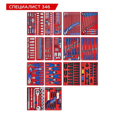 Набор инструментов 346 предметов, "СПЕЦИАЛИСТ 346", для тележки, 17 ложементов МАСТАК 5-00346
