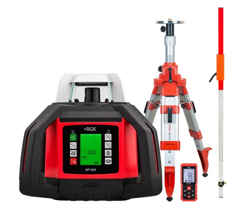 Комплект: ротационный нивелир RGK SP-502 с калибровкой + элевационный штатив RGK SH-170 + рейка RGK LR-2 + дальномер RGK DL100