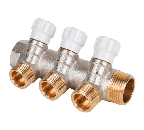 Коллектор латунный MVI 1"x3/4"x3 выхода, с регулирующими вентилями Коллектор латунный MVI 1"x3/4"x3 выхода, с регулирующими вентилями