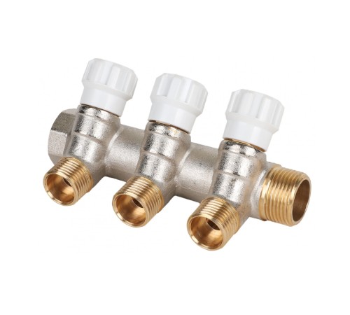 Коллектор латунный MVI 3/4"x1/2" 3 вых с регулирующими вентилями Коллектор латунный MVI 3/4"x1/2" 3 вых с регулирующими вентилями