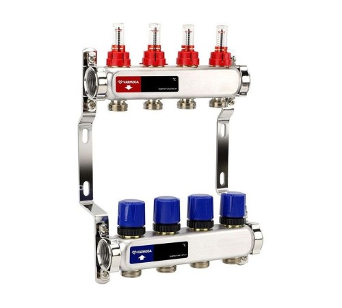 Группа коллекторная с расх. VARMEGA VM15104 ВР 1", под 130 насос, на 4 конт. 3/4" EK, нерж. сталь Группа коллекторная с расх. VARMEGA VM15104 ВР 1", под 130 насос, на 4 конт. 3/4" EK, нерж. сталь