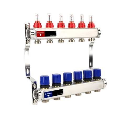 Группа коллекторная с расх. VARMEGA VM15106 ВР 1", под 130 насос, на 6 конт. 3/4" EK, нерж. сталь Группа коллекторная с расх. VARMEGA VM15106 ВР 1", под 130 насос, на 6 конт. 3/4" EK, нерж. сталь