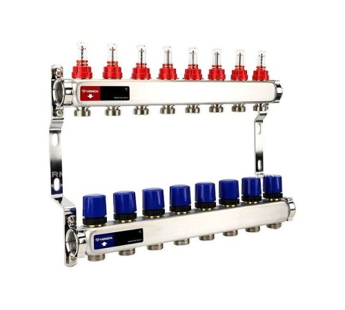 Группа коллекторная с расх. VARMEGA VM15108 ВР 1", под 130 насос, на 8 конт. 3/4" EK, нерж. сталь Группа коллекторная с расх. VARMEGA VM15108 ВР 1", под 130 насос, на 8 конт. 3/4" EK, нерж. сталь