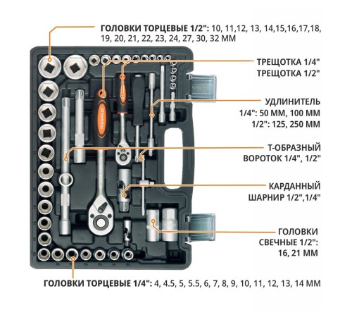 Набор инструментов P.I.T. MaxPiler MXT-94-SET (94 предметов, 1/2" и 1/4", CrV)