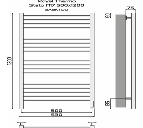 Полотенцесушитель Royal Thermo Stato П17 500х1200 электро (встроен. диммер) стальной