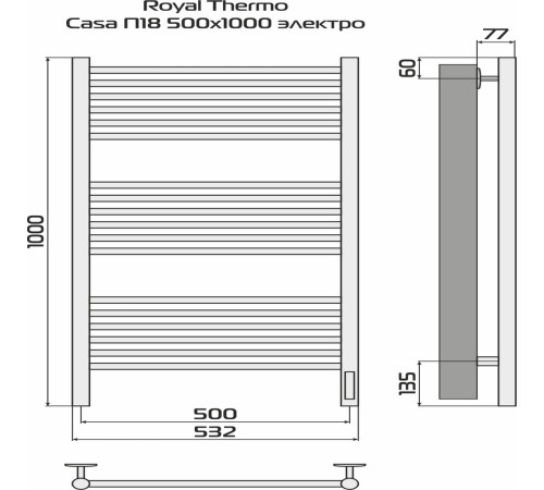 Полотенцесушитель Royal Thermo Casa П18 500х1000 электро (встроен. диммер) черный