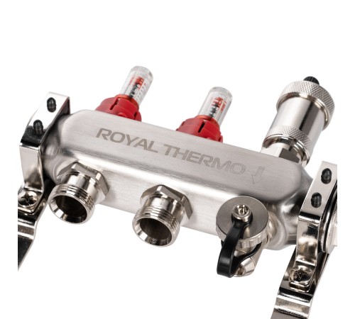 Коллектор Royal Thermo нерж. в сборе с расходомерами 1" ВР-3/4" НР с автомат. воздухоотвод-ми 2 вых.